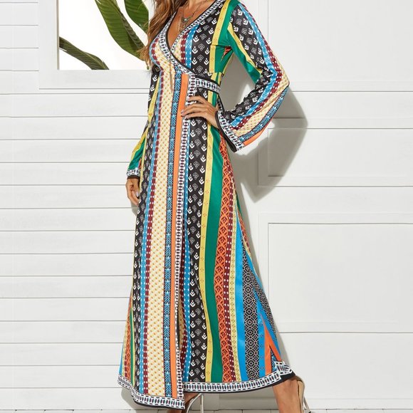 Green Stripe Surplice Maxi Dress - Women L - Picture 2 of 5